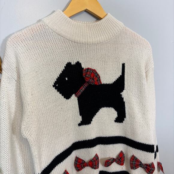 Scottie Dog Plaid Bow Novelty Knit Sweater Cream Black Red | Bright Winter - Picture 3 of 11